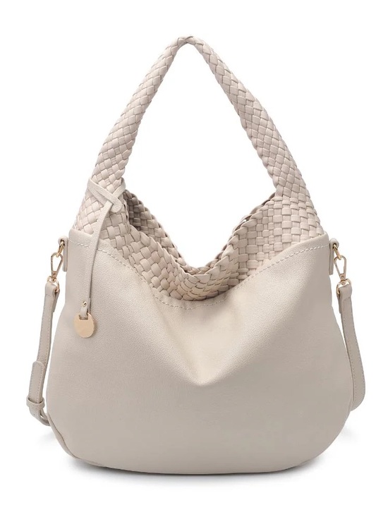 Moda Luxe Handbags - Moda Luxe Majestique Light Cream Braided-Top Hobo Bag